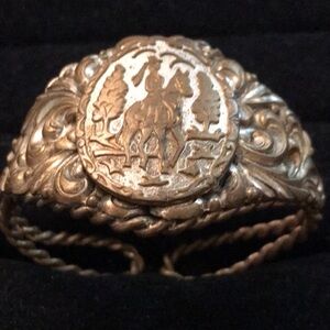 Vintage Gold-Tone Copper Cuff Bracelet with Victorian Lady on Horse Design